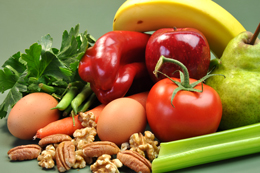 fresh vegetables, frout, eggs, and nuts